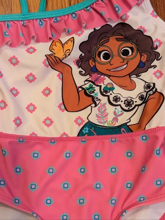 Disney Encanto Pink Floral Girls Swimsuit with Teal Trim - Picture 2 of 4